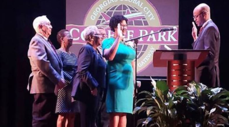 Bianca Motley Broom is sworn in by Georgia Supreme Court Chief Justice Harold Melton as the mayor of College Park. She defeated Jack Longino, who had been mayor 24 years. (Courtesy the City of College Park)
