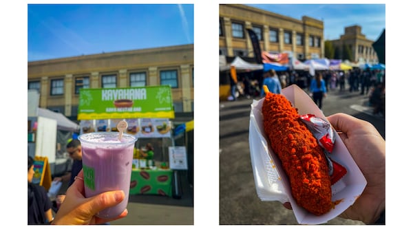 Two food items from a Smorgasburg Los Angeles held in February 2025: A kava nectar-based drink from coffee shop Kavahana (left, courtesy of Kim Hollis) and a Korean corndog from Chimmelier, a local fried chicken joint. Smorgasburg Los Angeles has been operating for nearly 10 years and features a regularly updated vendor lineup. (Henri Hollis/AJC)