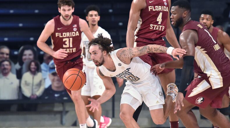 January 30, 2021 Atlanta - Georgia Tech's guard Jose Alvarado (10) drives the ball upcourt in the second of a NCAA college basketball game at Georgia Tech's McCamish Pavilion in Atlanta on Saturday, January 30, 2021. Georgia Tech won 76-65 over the Florida State. (Hyosub Shin / Hyosub.Shin@ajc.com)