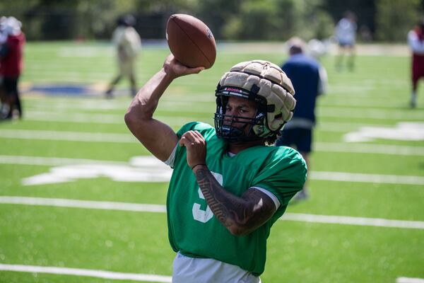 Quarterback Aidan McPherson warms up during practice at Thomas County Central on Wednesday, July 15, 2026. (A. Wallace for the AJC)