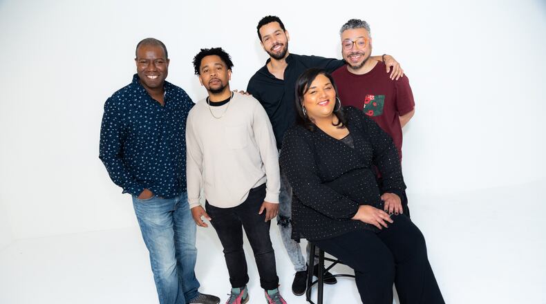 Jon Carr (from left), Markis Gallashaw, Joshua Quinn, Leslie Johnson and Maged Roushdi in "Black Ground," a new show and improv troupe at Dad's Garage in the Old Fourth Ward.