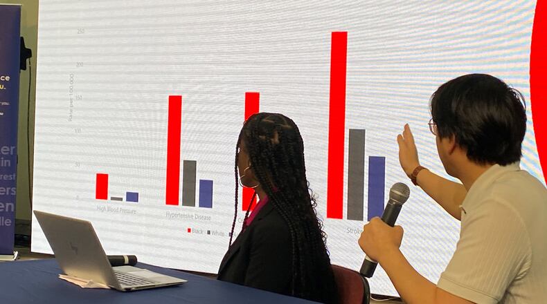 DeKalb County Community Health Director Stefani Carter and Chief Epidemiologist Calvin Patimeteeporn present county health data to a conference on Feb. 6, 2025. (Photo by Ariel Hart)