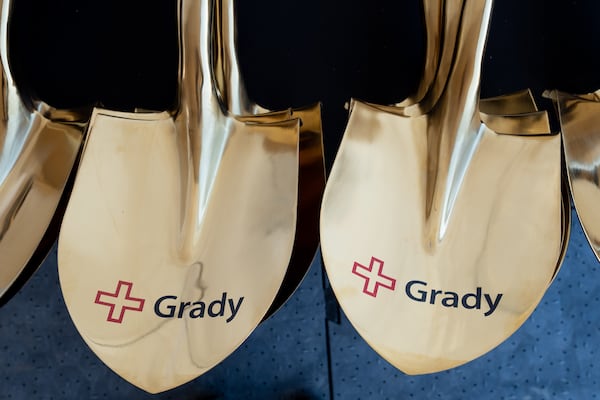 Shovels sit at the ready before a groundbreaking ceremony for a new freestanding Grady emergency room in Union City on April 9, 2025. (Ben Gray for the AJC)