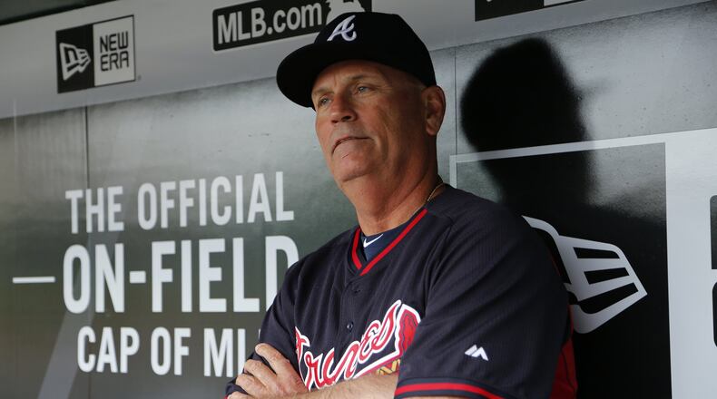 Brian Snitker talks to reporters in Pittsburgh on May 17, the day he took over as Braves interim manager. (AP Photo/Gene J. Puskar)