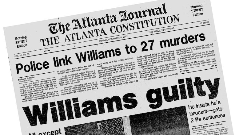 The Sunday, Feb. 28, 1982 edition of The Atlanta Journal-Constitution announces the guilty verdict in the Wayne Williams trial. (AJC Archive)