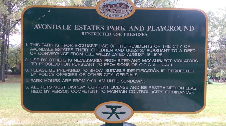 The current list of rules posted at Willis Park in Avondale Estates. The rules date to a deed written by city founder George Willis in the 1920s. The city commission is attempting to change the first three rules, with particular emphasis on the exclusivity clause in No. 1. Photo courtesy of Jonathan Elmore
