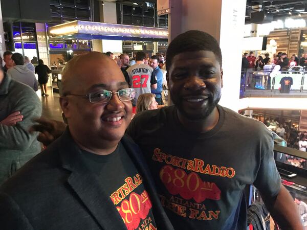 Hometeam Brandon Leake with his on-air partner Joe Hamilton, part of the Sports X, a sister station to the Fan. CREDIT: Rodney Ho/rho@ajc.com