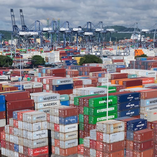 FILE - Ship containers are stacked at the Panama Canal Balboa port, operated by the Panama Ports Company, in Panama City, Sept. 20, 2025. (AP Photo/Matias Delacroix, File)