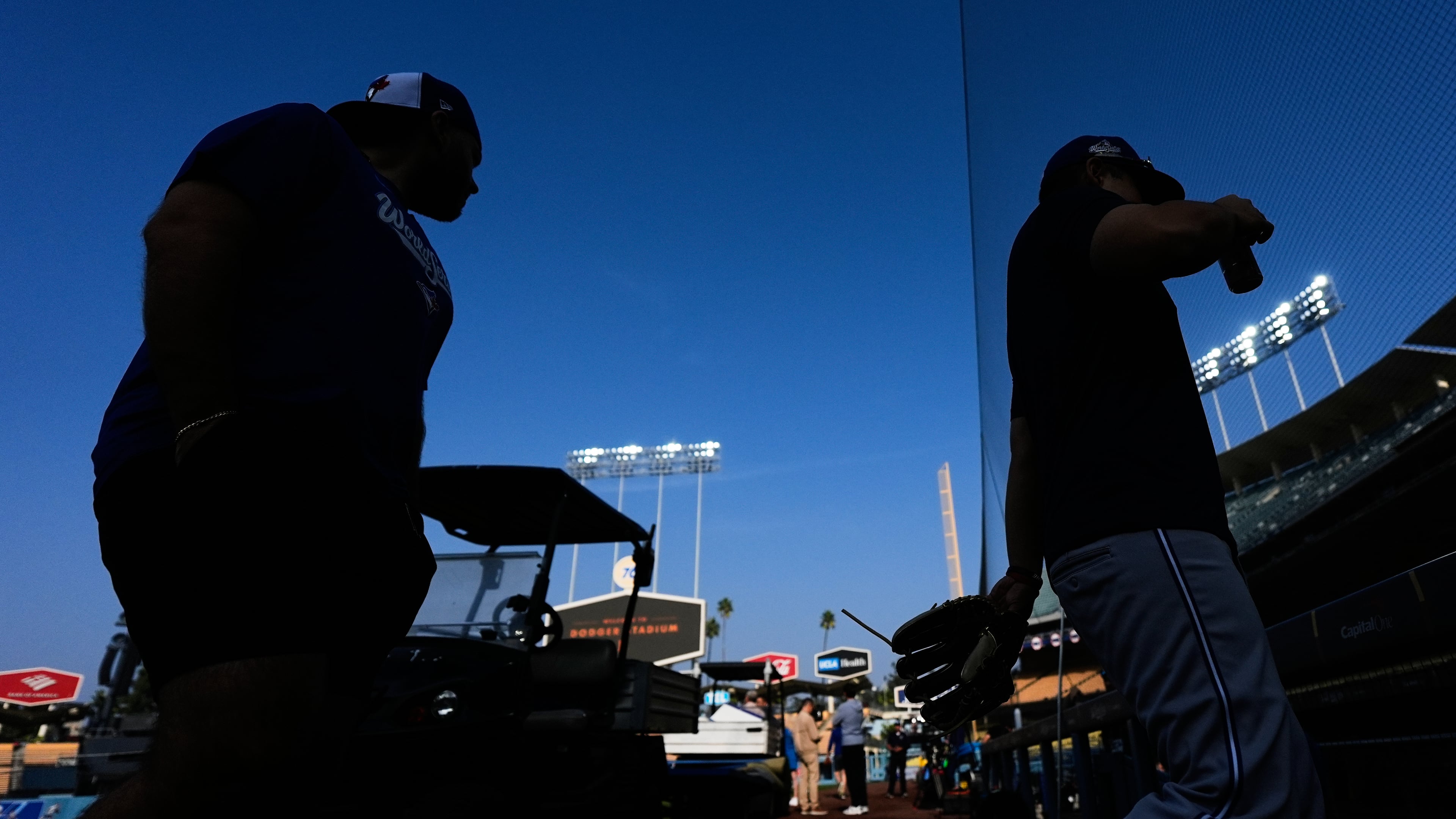 Toronto Blue Jays players work out ahead of Game 3 of the 2025 World Series against the Los Angeles Dodgers in Los Angeles, Sunday, Oct. 26, 2025. (AP Photo/Ashley Landis)