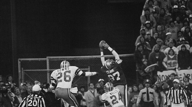 San Francisco 49ers Dwight Clark (87) makes "The Catch" against the Dallas Cowboys on Jan. 10, 1982. The touchdown reception and ensuing extra point sent the 49ers to their first Super Bowl.