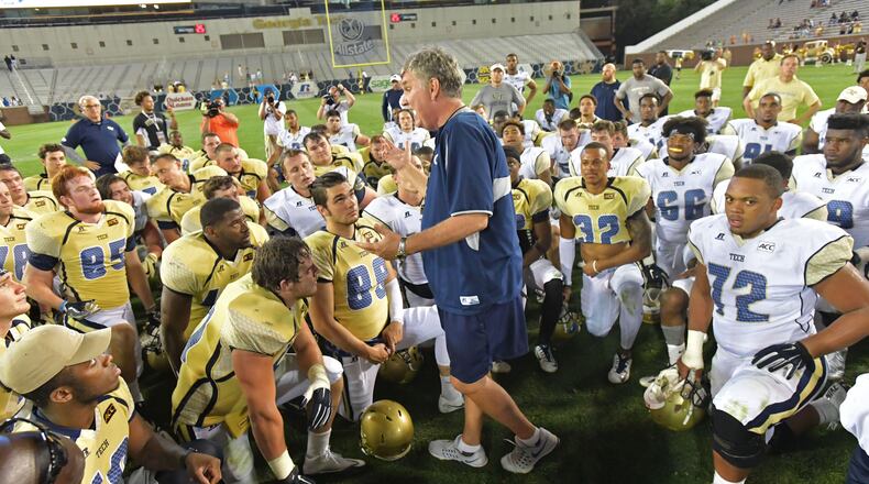 April 21, 2017 Atlanta - Georgia Tech Yellow Jackets head coach Paul Johnson instructs after Gold Team won 21 - 16 over the White Team during 2017 Georgia Tech Football Spring Game at Bobby Dodd Stadium on Friday, April 21, 2017. HYOSUB SHIN / HSHIN@AJC.COM