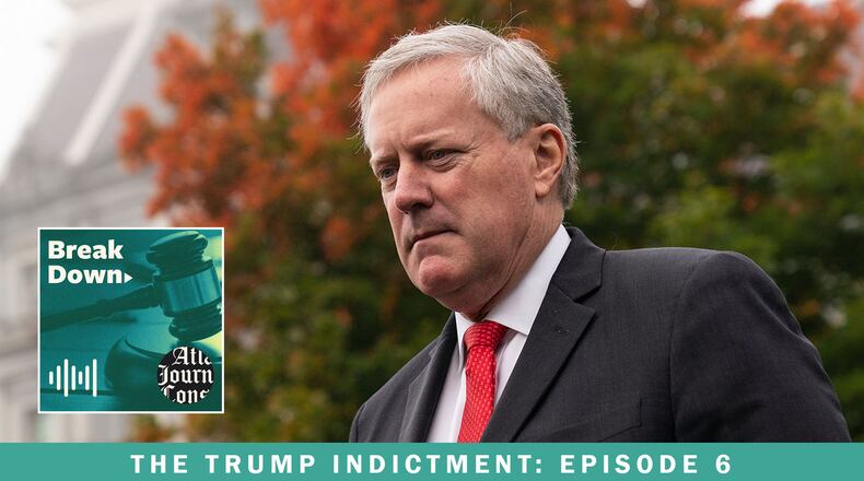 Former White House chief of staff Mark Meadows, seen here in 2020, is attempting to transfer Fulton County's sweeping racketeering case to U.S. District Court in Atlanta. The latest episode of the AJC's "Breakdown" podcast recaps Meadows' four-hour testimony. (Alex Brandon / AP file)