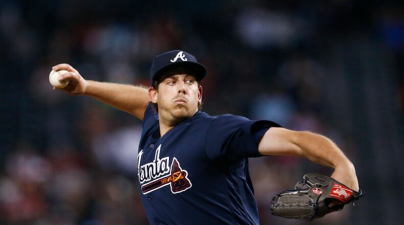 Braves pitcher Aaron Blair throws a pitch against the Arizona Diamondbacks on Wednesday, July 26, 2017, in Phoenix. (AP Photo/Ross D. Franklin)