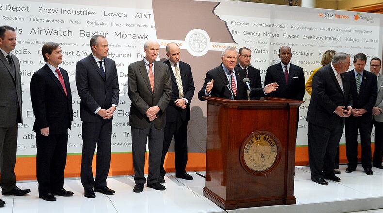 Flanked by business and legislative leaders, Gov. Nathan Deal announced that Site Selection magazine has named Georgia the #1 place to do business in the nation during a press conference at the Capitol Monday, November 4, 2013.