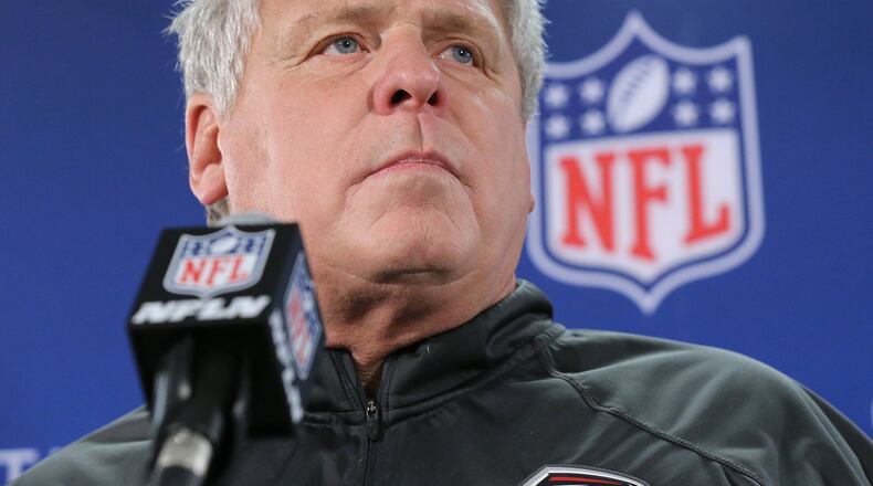 Falcons defensive coordinator Richard Smith takes questions during a news conference while preparing to play the Packers in the NFC Championship game on Wednesday, Jan. 18, 2017, in Flowery Branch. Curtis Compton/ccompton@ajc.com