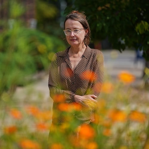 Emily Wilson, professor of classical studies at the University of Pennsylvania, poses for a photo in Philadelphia on Wednesday, Aug. 26, 2026. (AP Photo/Matt Rourke)