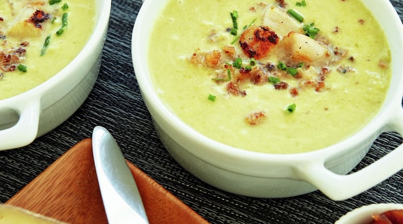 This creamy asparagus and leek soup is topped with bay scallops. It’s from “Soup Nights” by Betty Rosbottom. Contributed by Harry Zernike