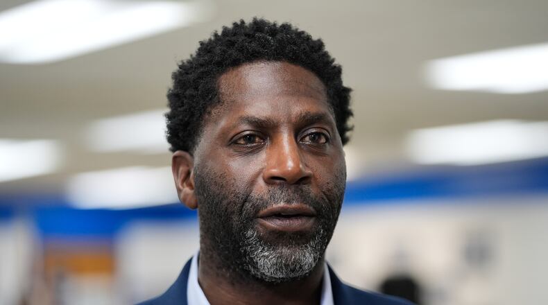 Chedrick Greene, Democratic candidate for the 35th Senate District, speaks at a rally Monday, April 27, 2026, in Saginaw, Mich. (AP Photo/Paul Sancya)