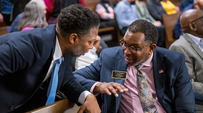 240306 MARIETTA, GA — (From left) Mableton Mayor Michael Owens chats with Mableton Councilman TJ Ferguson during a break in a lawsuit hearing challenging the legality of the ballot question put to voters in 2022 to create the city of Mableton, at Cobb County Superior Court in Marietta, Ga., on Wednesday, March 6, 2024. The new city was created and is in the process of transitioning services now, so if the court rules the city was created illegally, it could theoretically undo the city altogether.
(Bita Honarvar for The Atlanta Journal-Constitution)