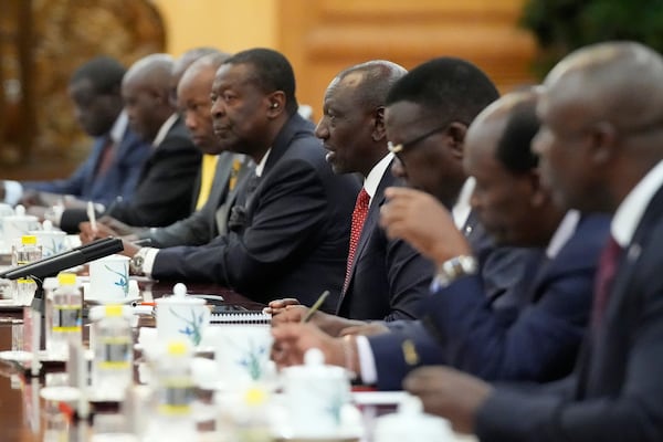 Kenyan President William Ruto, fourth right, meets Chinese President Xi Jinping, unseen, at the Great Hall of the People in Beijing Thursday, April 24, 2025. (Iori Sagisawa/Pool Photo via AP)