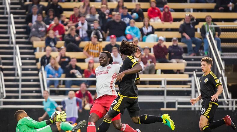 Charleston, South Carolina -  February 18, 2017:United's Kenwyne Jones (#9) is only a couple steps too slow to capitalize against the Columbus Crew on Saturday, Feb. 18, 2017 in Charleston. (Photo by Alex Holt)