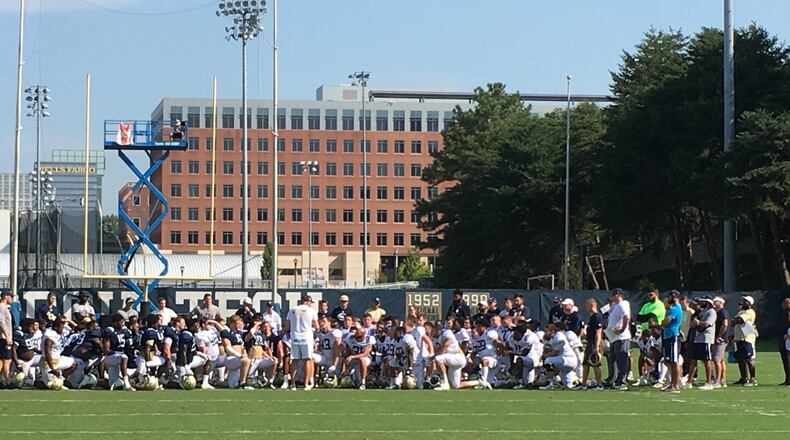 Georgia Tech coach Geoff Collins addresses his team after practice on September 17, 2019, its first practice after losing to The Citadel on September 14. (AJC photo by Ken Sugiura)