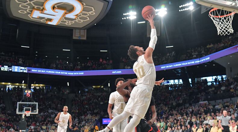 Georgia Tech guard Jose Alvarado (10) goes to the basket in the first half Saturday, Dec. 22, 2018, at McCamish Pavilion in Atlanta.