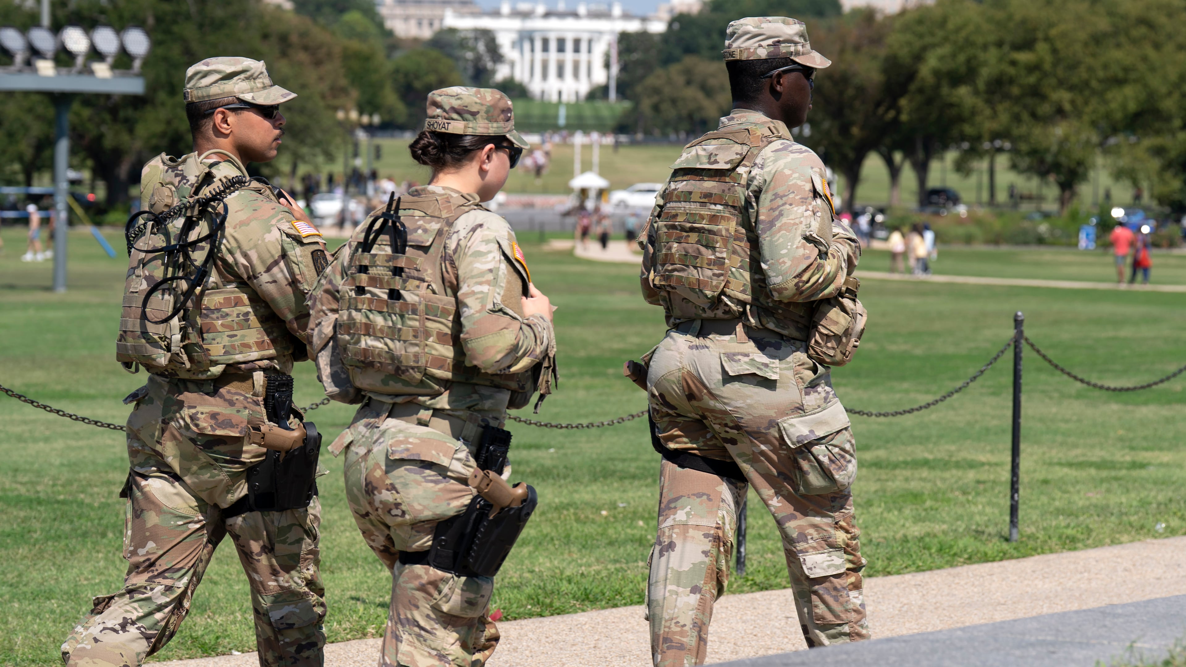 Members of the Ohio National Guard patrol the National Mall, Sunday, Sept. 14, 2025, in Washington. (AP Photo/Jose Luis Magana)