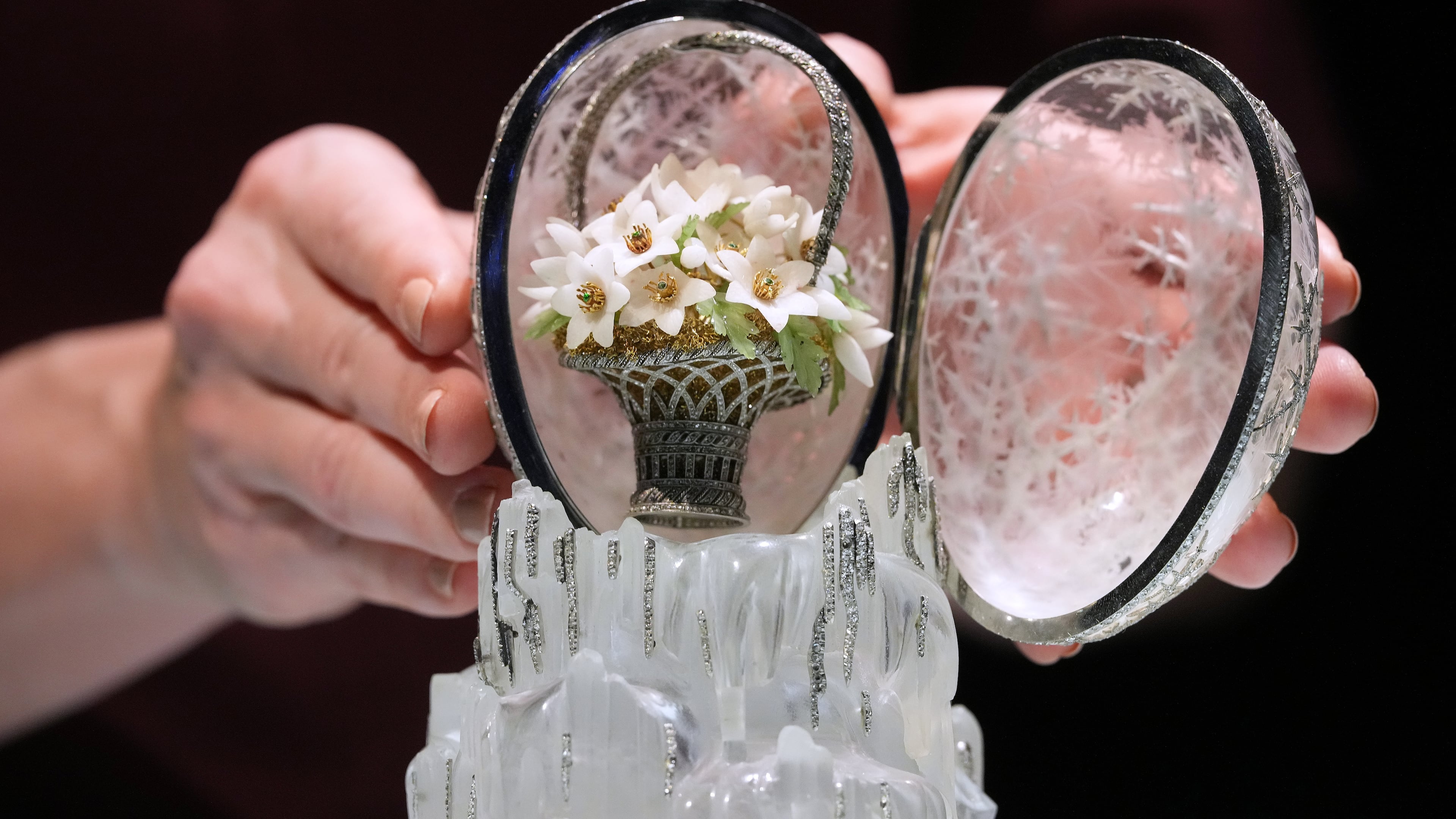 The Winter Egg by Faberge is displayed at Christie's auction rooms in London, Thursday, Nov. 27, 2025, it is expected to sell for in excess of 20 million UK Pounds when it is auctioned on Dec. 2. (AP Photo/Kirsty Wigglesworth)
