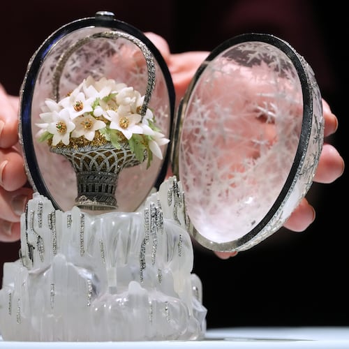 The Winter Egg by Faberge is displayed at Christie's auction rooms in London, Thursday, Nov. 27, 2025, it is expected to sell for in excess of 20 million UK Pounds when it is auctioned on Dec. 2. (AP Photo/Kirsty Wigglesworth)