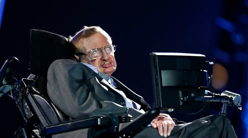 In this file photo dated Wednesday Aug. 29, 2012, British physicist Stephen Hawking speaks during the Opening Ceremony for the 2012 Paralympics in London on Aug. 29, 2012.