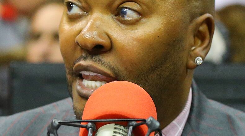041915 ATLANTA: Hawks public announcer Ryan Cameron during the first round home playoff game against the Nets on Sunday, April 19, 2015, in Atlanta. Curtis Compton / ccompton@ajc.com 041915 ATLANTA: Hawks public announcer Ryan Cameron during the first round home playoff game against the Nets on Sunday, April 19, 2015, in Atlanta. Curtis Compton / ccompton@ajc.com