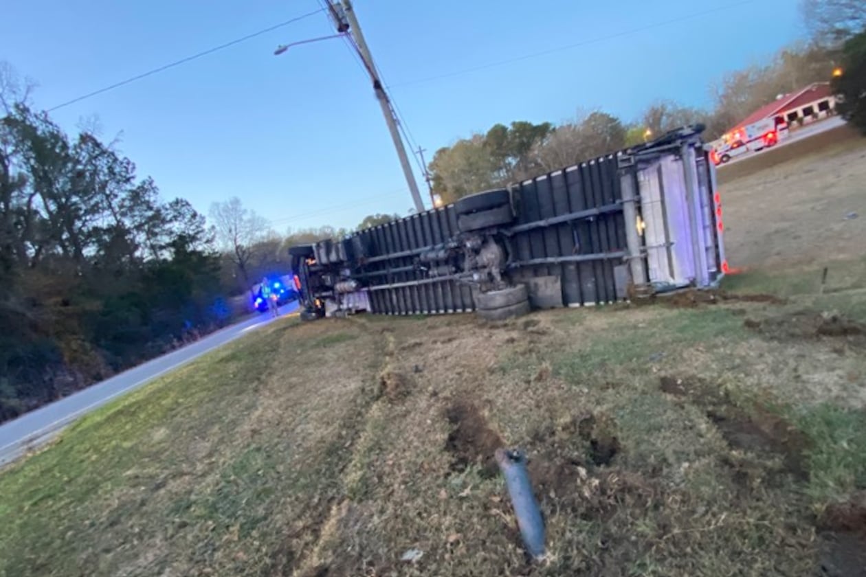 Investigators said they believe a driver fell asleep at the wheel, left the road and rolled a box truck, according to the Georgia State Patrol. The driver survived. (Georgia Department of Public Safety)