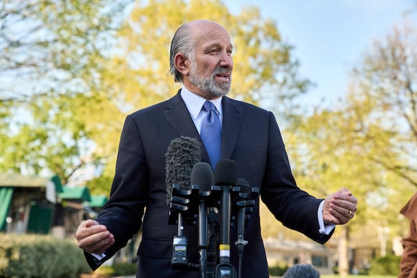 Commerce Secretary Howard Lutnick speaks to reporters outside the West Wing of the White House, Wednesday, April 9, 2025, in Washington. (AP Photo/Jacquelyn Martin)