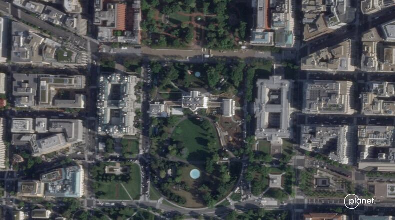 This satellite image from Planet Labs PBC shows the White House in Washington, Sept. 26, 2025, with the East Wing intact before demolition began. (Planet Labs PBC via AP)