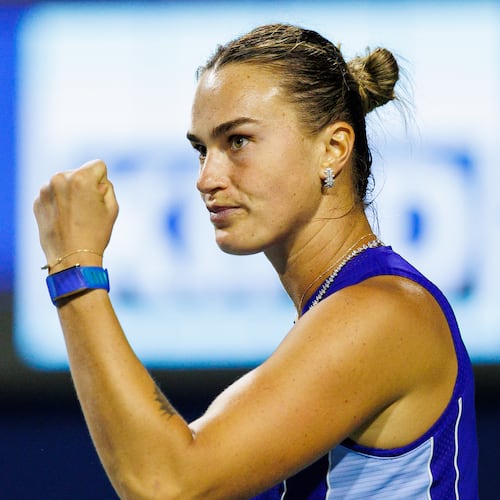 Aryna Sabalenka reacts during a match against Ekaterina Alexandrova at the round of 16 National Bank Open Tennis tournament in Toronto, on Saturday, Aug. 8, 2026. (Keito Newman/The Canadian Press via AP)