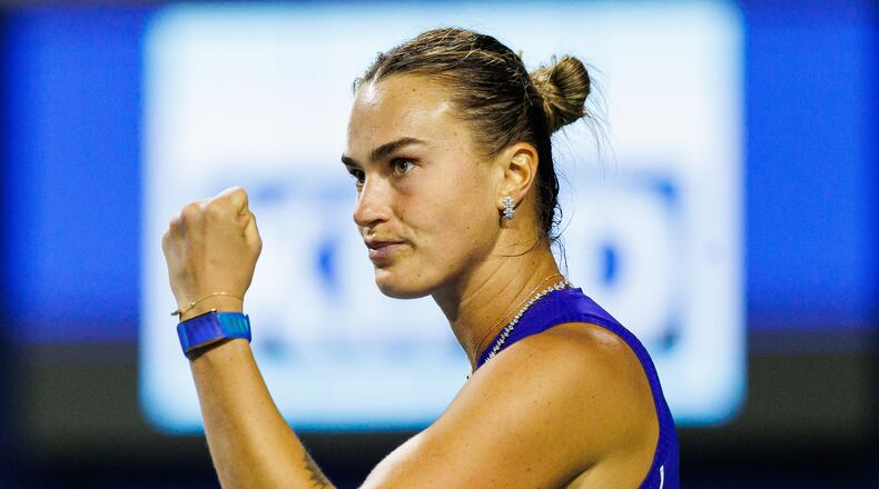 Aryna Sabalenka reacts during a match against Ekaterina Alexandrova at the round of 16 National Bank Open Tennis tournament in Toronto, on Saturday, Aug. 8, 2026. (Keito Newman/The Canadian Press via AP)
