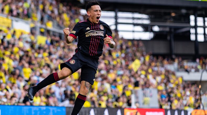 Atlanta United midfielder Ezequiel Barco (8) celebrates after scoring during the match against Columbus Crew Saturday, Aug. 7, 2021, at Lower.com Field in Columbus, Ohio. (Jacob Gonzalez/Atlanta United)