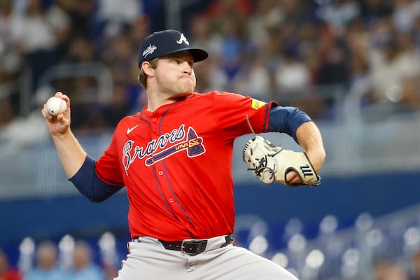 Atlanta Braves starting pitcher Bryce Elder throws during the first inning of a baseball game against the Miami Marlins, Sunday, June 22, 2025, in Miami. (AP Photo/Chris Arjoon)