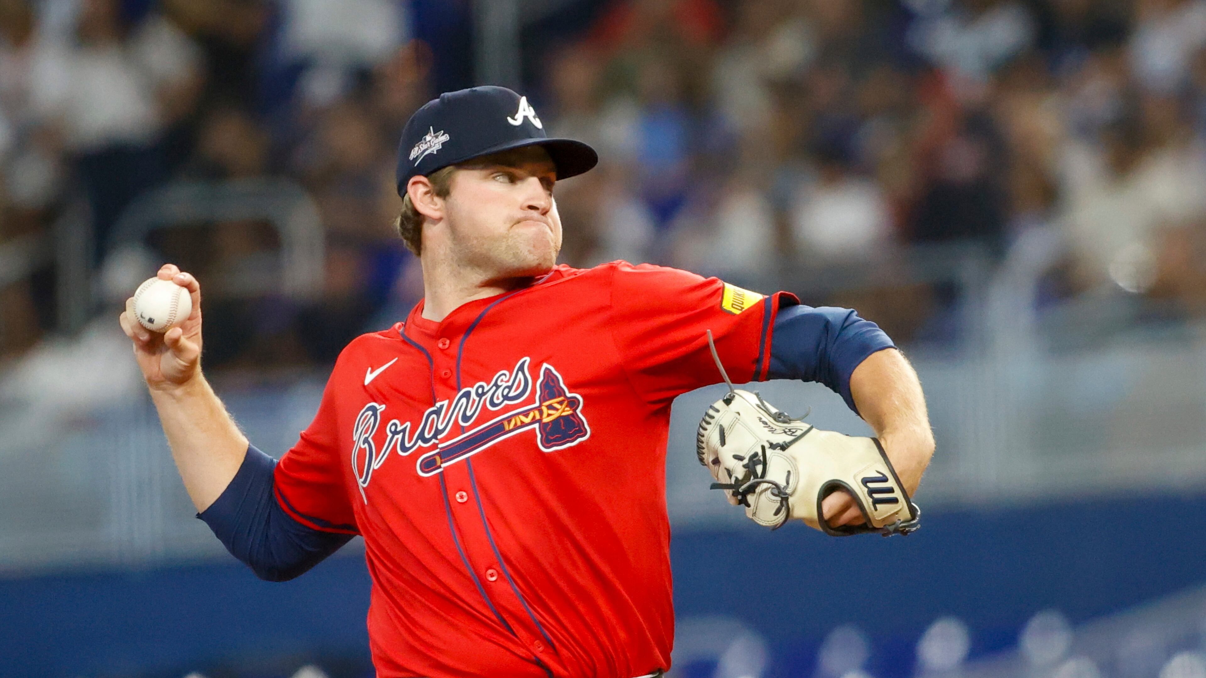 Atlanta Braves starting pitcher Bryce Elder throws during the first inning of a baseball game against the Miami Marlins, Sunday, June 22, 2025, in Miami. (AP Photo/Chris Arjoon)