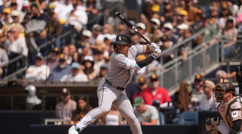 Chicago White Sox's Munetaka Murakami bats during the eighth inning of a baseball game against the San Diego Padres Sunday, May 3, 2026, in San Diego. (AP Photo/Gregory Bull)
