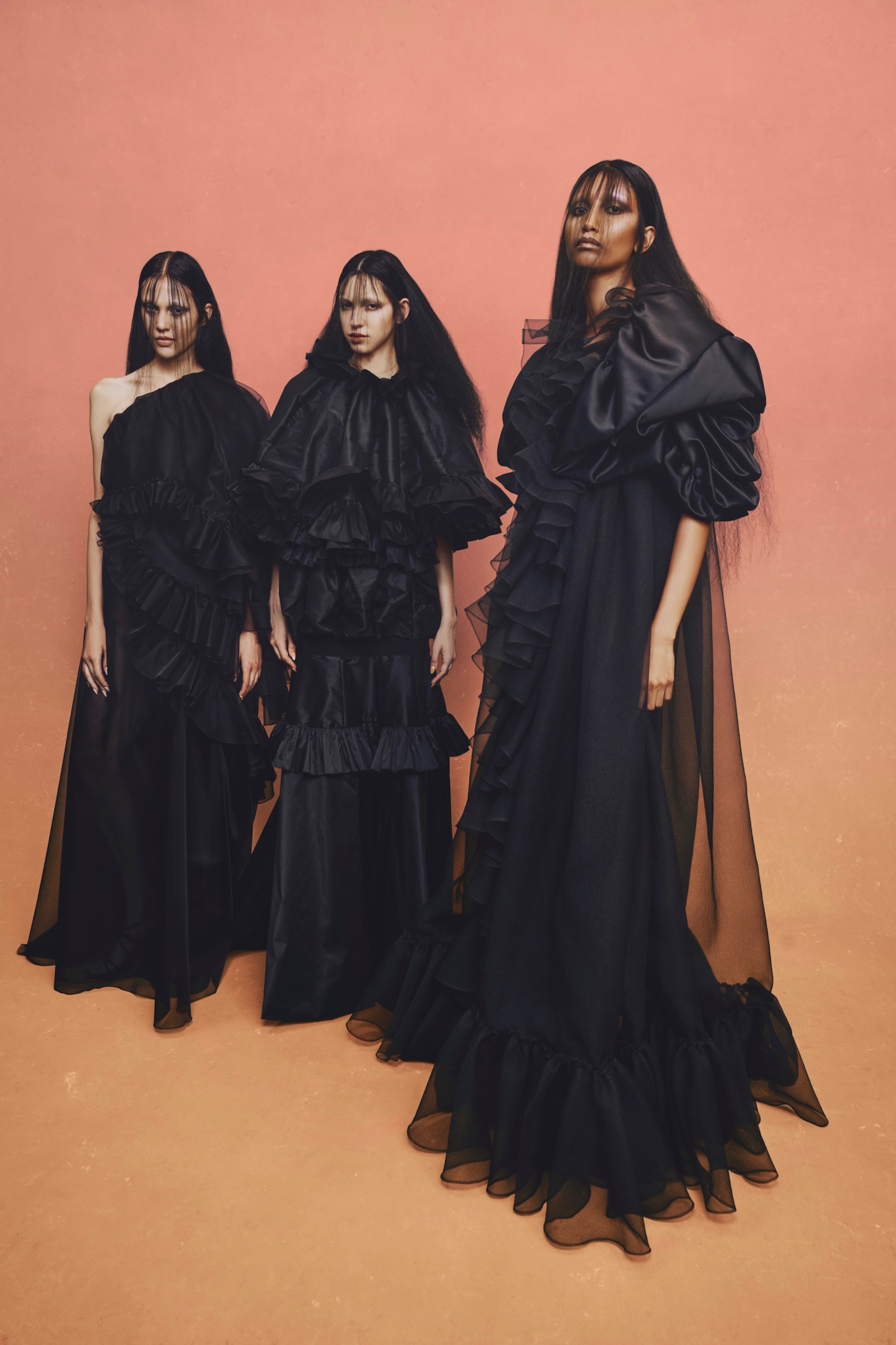 Abbey Fouts, Claudia Vilchez and Dhyani Kandagama in garments from then Viktor&Rolf collection "Angry Birds. (Courtesy of High Museum of Art/ Photo by AB+DM)