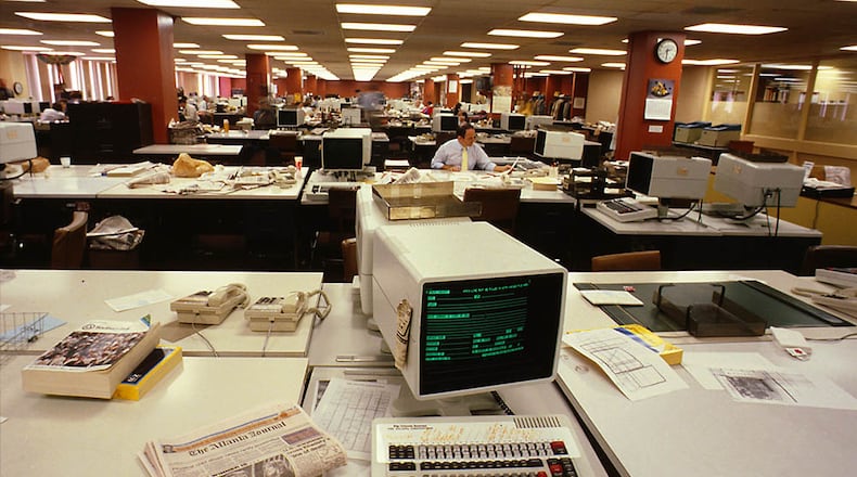 The old Journal-Constitution newsroom at 72 Marietta Street in Atlanta as it appeared 40 years ago when Mark Bradley joined the staff as a sportswriter in March 1984. AJC file photo