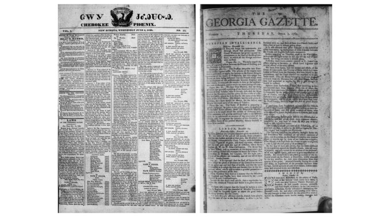 Among the newspapers digitized by the Digital Library of Georgia is the Cherokee Phoenix in both English and the Cherokee language (left) and an issue of the Georgia Gazette from 1763. Photos: University of Georgia