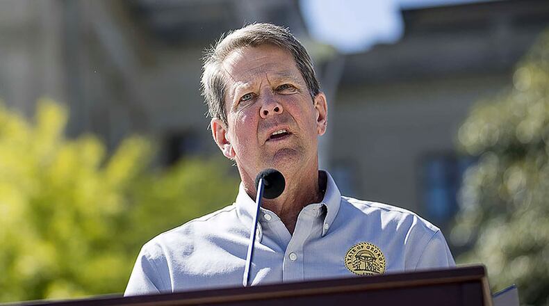 Gov. Brian Kemp makes remarks during a press conference at Liberty Plaza, across the street from the Georgia State Capitol building Monday, April 20, 2020.