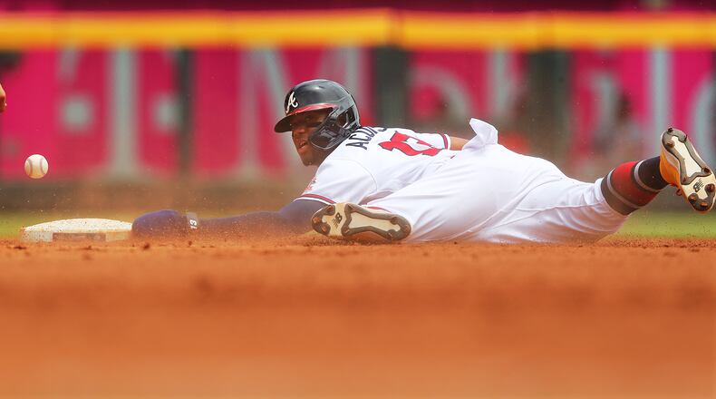 Atlanta Braves base runner Ronald Acuna steals second base against the Washington Nationals during the sixth inning of a MLB baseball game on Thursday, Jun 3, 2021, in Atlanta.   “Curtis Compton / Curtis.Compton@ajc.com”