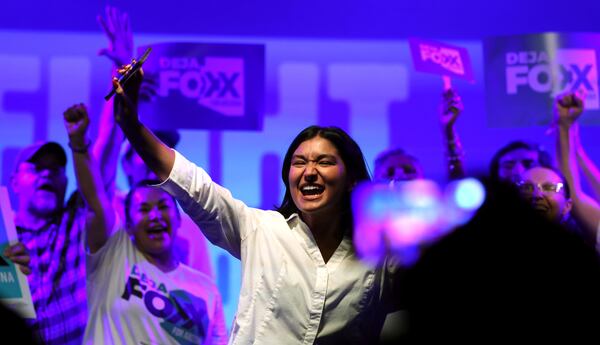 Deja Foxx, Democratic candidate for the CD 7 special election, gets her supporters fired up as she brings her rally to an end in Tucson, Ariz., Friday, July 11, 2025. (Kelly Presnell/Arizona Daily Star via AP)