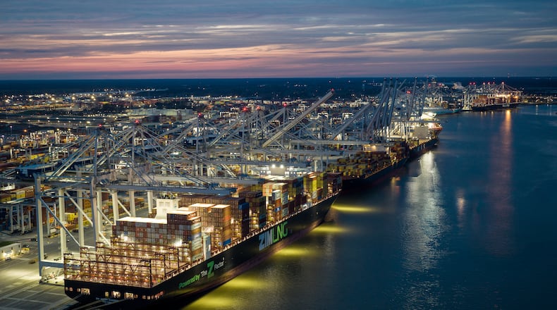 Container vessels line the docks of the Georgia Ports Authority's Garden City Terminal. (Courtesy of Georgia Ports Authority)
