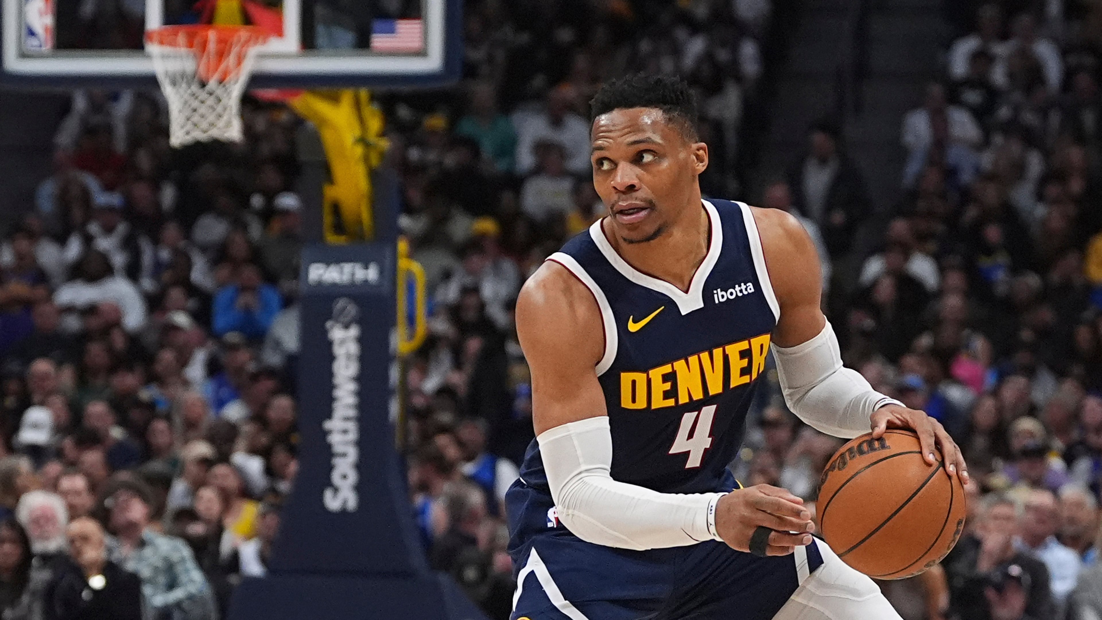 FILE - Denver Nuggets guard Russell Westbrook (4) looks to pass during the second half of an NBA basketball game Friday, March 14, 2025, in Denver. (AP Photo/David Zalubowski, File)