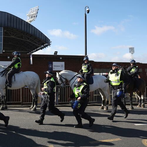 FILE - Mounted police patrols the streets around the stadium ahead of the English FA Cup soccer match between Crystal Palace and Millwall at Selhurst Park, London, England, Saturday, March 1, 2025. (AP Photo/Ian Walton, file)